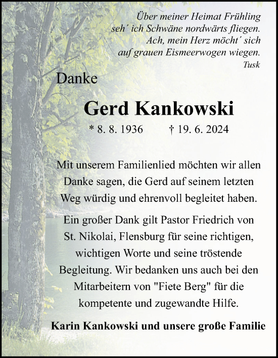 Traueranzeige von Gerd Kankowski von Flensburger Tageblatt