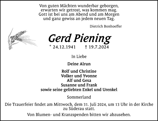 Traueranzeige von Gerd Piening von Norddeutsche Rundschau, Wilstersche Zeitung, Glückstädter Fortuna
