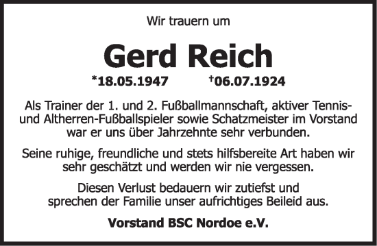 Traueranzeige von Gerd Reich von Norddeutsche Rundschau, Wilstersche Zeitung, Glückstädter Fortuna