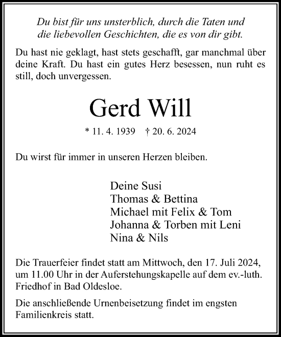 Traueranzeige von Gerd Will von Stormaner Tageblatt