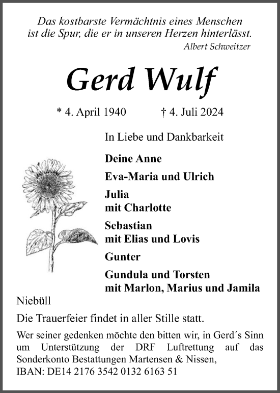 Traueranzeige von Gerd Wulf von Husumer Nachrichten, Nordfriesland Tageblatt