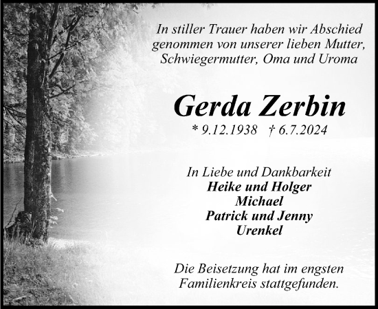 Traueranzeige von Gerda Zerbin von Schleswig-Holsteinische Landeszeitung