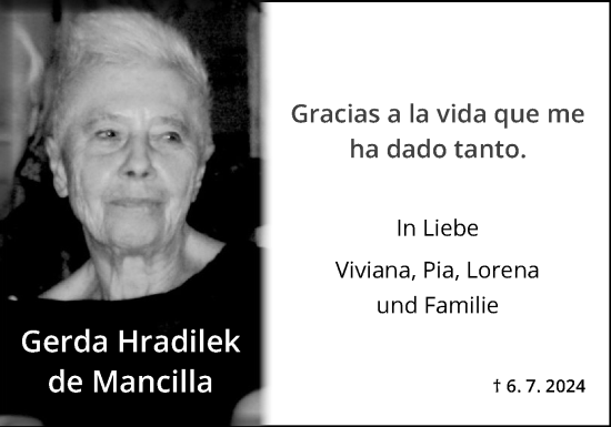 Traueranzeige von Gerda Hradilek de Mancilla von Flensburger Tageblatt