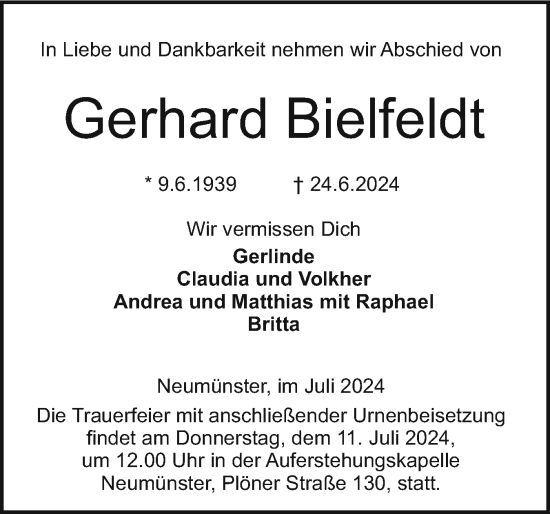 Traueranzeige von Gerhard Bielfeldt von Holsteinischer Courier