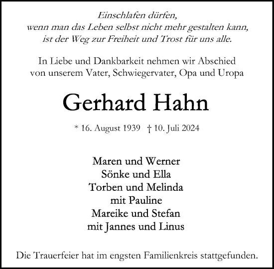Traueranzeige von Gerhard Hahn von Stormaner Tageblatt