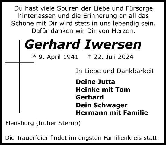 Traueranzeige von Gerhard Iwersen von Flensburger Tageblatt