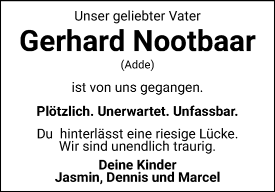 Traueranzeige von Gerhard Nootbaar von Husumer Nachrichten, Nordfriesland Tageblatt