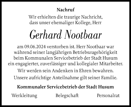 Traueranzeige von Gerhard Nootbaar von Husumer Nachrichten, Nordfriesland Tageblatt