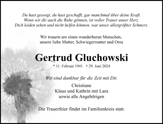 Traueranzeige von Gertrud Gluchowski von Uetersener Nachrichten, Der tip am Wochenende