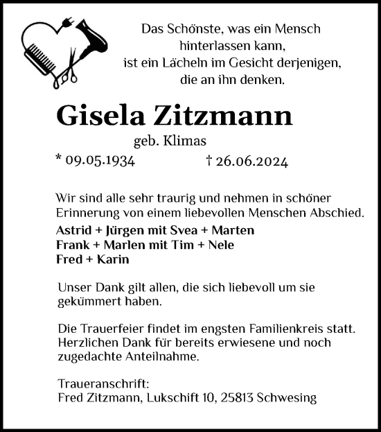 Traueranzeige von Gisela Zitzmann von Husumer Nachrichten, Nordfriesland Tageblatt