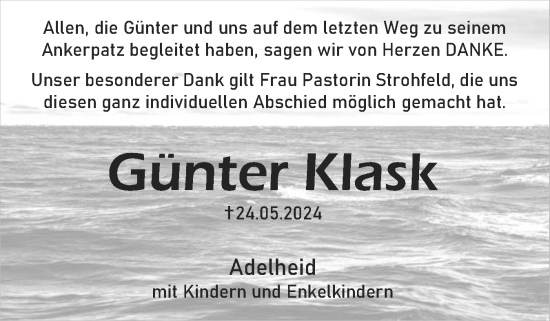 Traueranzeige von Günter Klask von Eckernförder Zeitung, Hallo Eckernförde
