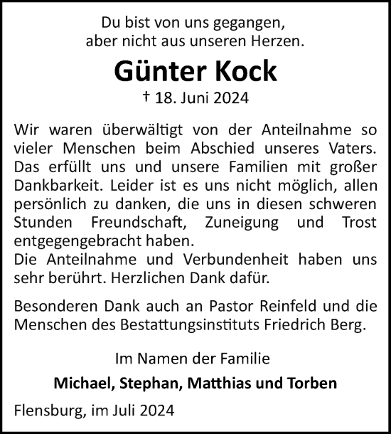 Traueranzeige von Günter Kock von Flensburger Tageblatt