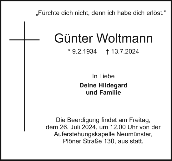 Traueranzeige von Günter Woltmann von Holsteinischer Courier