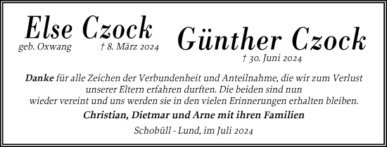 Traueranzeige von Günther Czock von Husumer Nachrichten, Nordfriesland Tageblatt