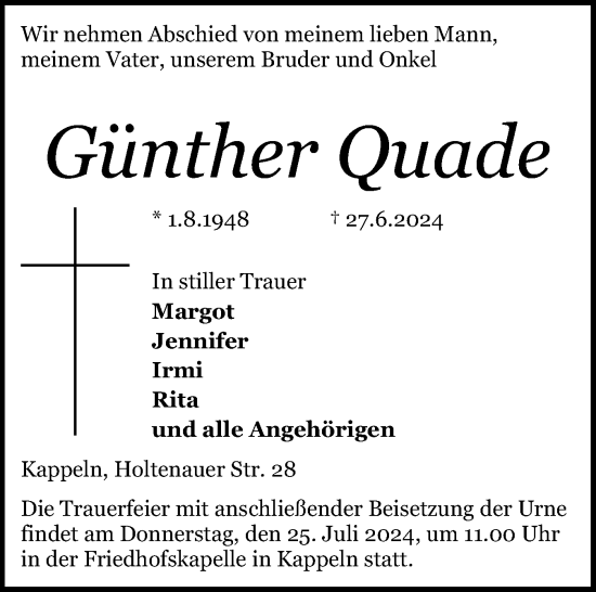 Traueranzeige von Günther Quade von Schleswiger Nachrichten, Schlei-Bote