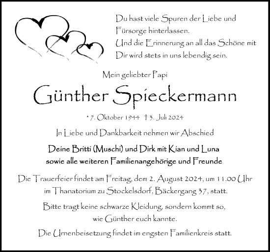 Traueranzeige von Günther Spieckermann von Ostholsteiner Anzeiger