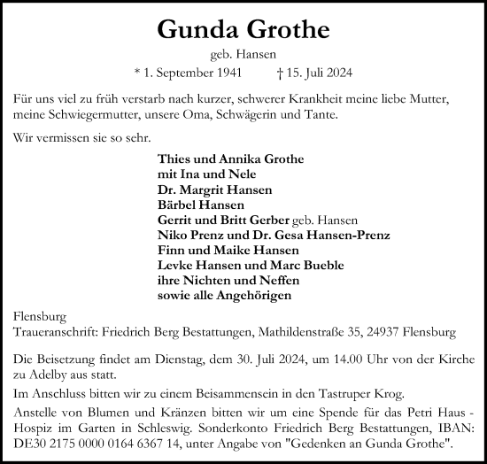 Traueranzeige von Gunda Grothe von Flensburger Tageblatt