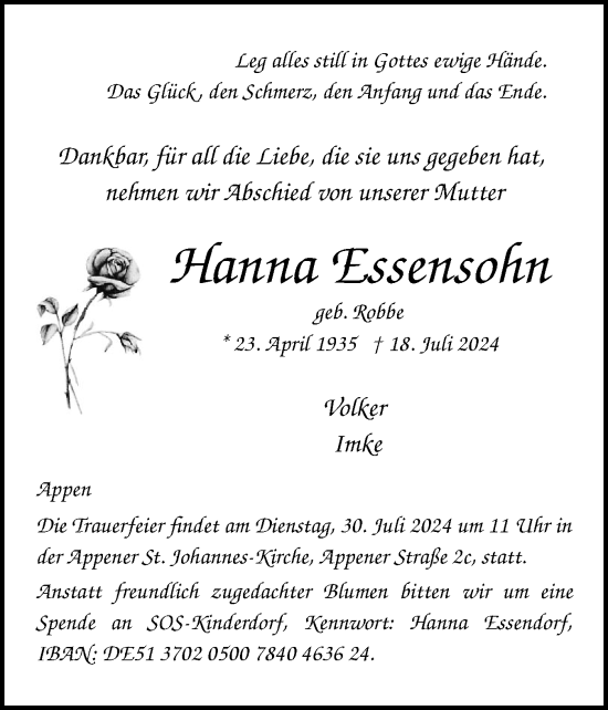 Traueranzeige von Hanna Essensohn von Region Pinneberg und tip Pinneberg