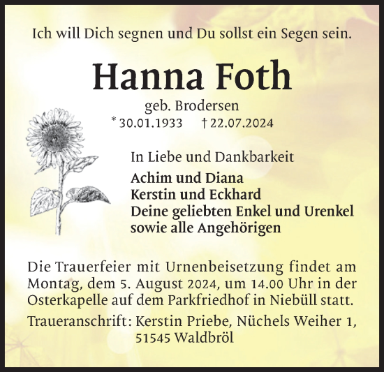 Traueranzeige von Hanna Foth von Husumer Nachrichten, Nordfriesland Tageblatt
