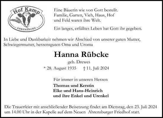 Traueranzeige von Hanna Rübcke von Stormaner Tageblatt