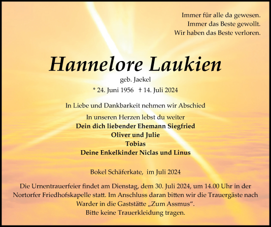 Traueranzeige von Hannelore Laukien von Schleswig-Holsteinische Landeszeitung