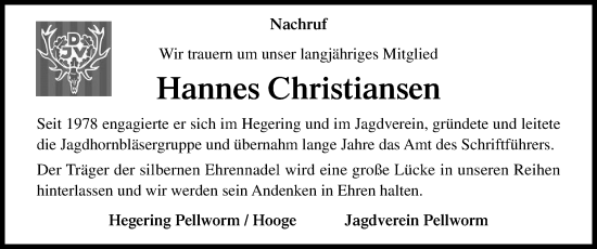 Traueranzeige von Hannes Christiansen von Husumer Nachrichten, Nordfriesland Tageblatt