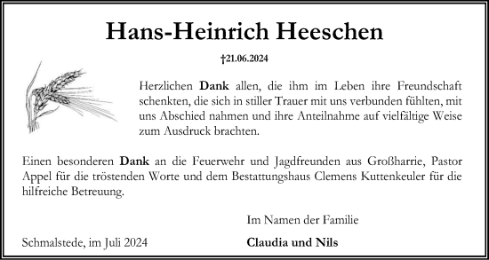 Traueranzeige von Hans-Heinrich Heeschen von Holsteinischer Courier