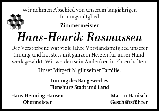 Traueranzeige von Hans-Henrik Rasmussen von Flensburger Tageblatt