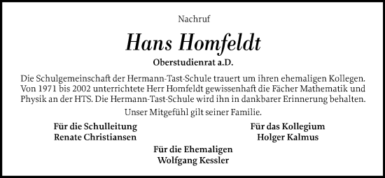 Traueranzeige von Hans Homfeldt von Husumer Nachrichten, Nordfriesland Tageblatt