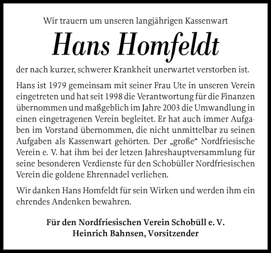 Traueranzeige von Hans Homfeldt von Husumer Nachrichten, Nordfriesland Tageblatt
