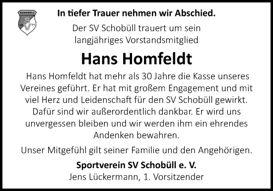 Traueranzeige von Hans Homfeldt von Husumer Nachrichten, Nordfriesland Tageblatt