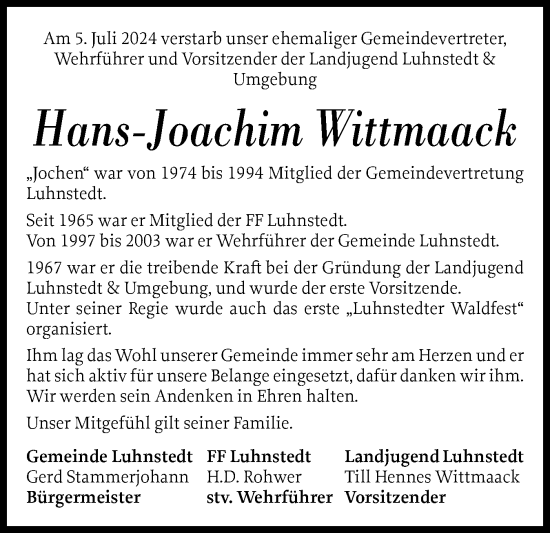Traueranzeige von Hans-Joachim Wittmaack von Schleswig-Holsteinische Landeszeitung