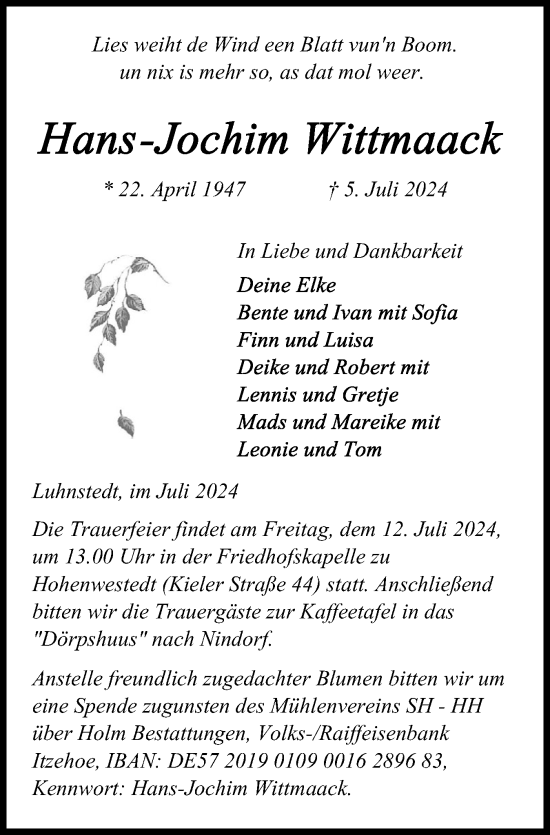 Traueranzeige von Hans-Jochim Wittmaack von Schleswig-Holsteinische Landeszeitung