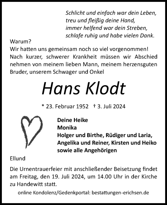Traueranzeige von Hans Klodt von Flensburger Tageblatt