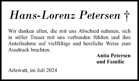 Traueranzeige von Hans-Lorenz Petersen von Husumer Nachrichten, Nordfriesland Tageblatt