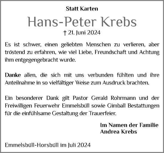 Traueranzeige von Hans-Peter Krebs von Husumer Nachrichten, Nordfriesland Tageblatt