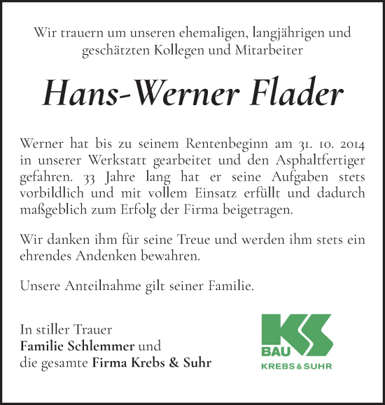Traueranzeige von Hans-Werner Flader von Holsteinischer Courier