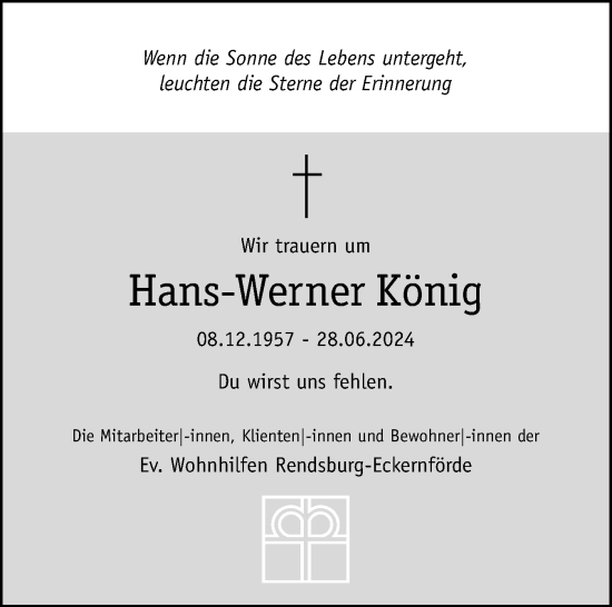 Traueranzeige von Hans-Werner König von Eckernförder Zeitung, Hallo Eckernförde