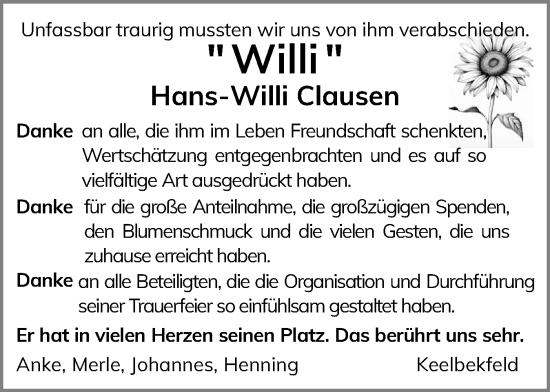 Traueranzeige von Hans-Willi Clausen von Flensburger Tageblatt, Schleswiger Nachrichten, Schlei-Bote