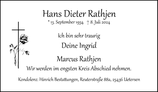 Traueranzeige von Hans Dieter Rathjen von Uetersener Nachrichten, Der tip am Wochenende