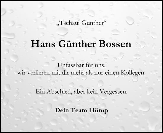 Traueranzeige von Hans Günther Bossen von Flensburger Tageblatt