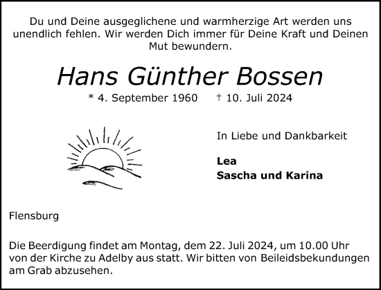 Traueranzeige von Hans Günther Bossen von Flensburger Tageblatt