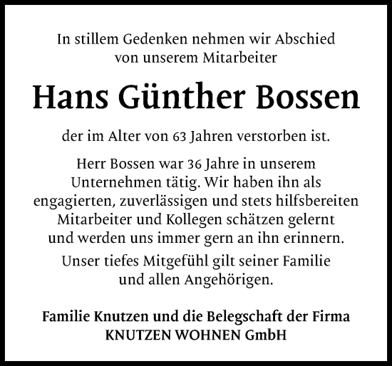Traueranzeige von Hans Günther Bossen von Flensburger Tageblatt