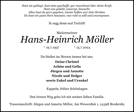 Traueranzeige von Hans Heinrich Möller von Schleswiger Nachrichten, Schlei-Bote