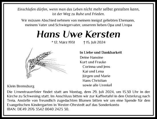 Traueranzeige von Hans Uwe Kersten von Region Flensburg