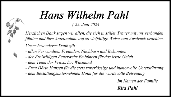 Traueranzeige von Hans Wilhelm Pahl von Schleswig-Holsteinische Landeszeitung