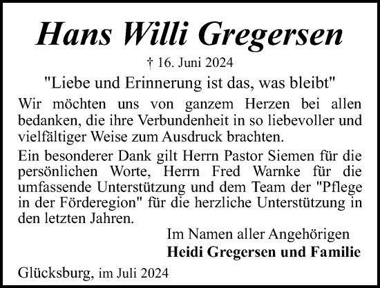 Traueranzeige von Hans Willi Gregersen von Flensburger Tageblatt