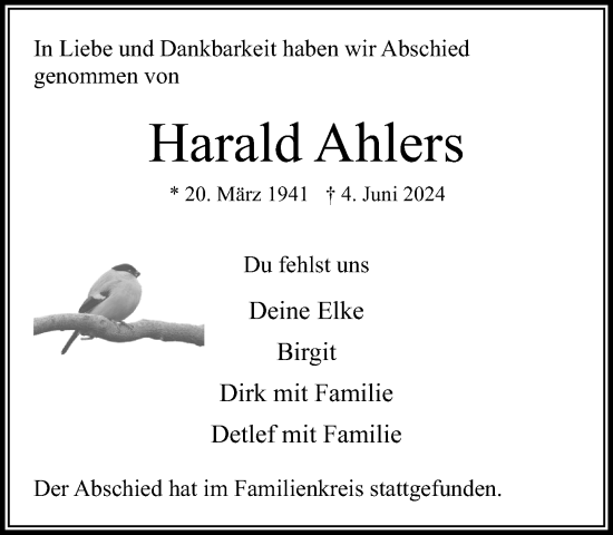 Traueranzeige von Harald Ahlers von Stormaner Tageblatt