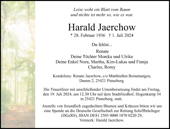 Traueranzeige von Harald Jaerchow von Region Pinneberg und tip Pinneberg
