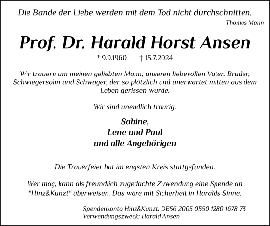 Traueranzeige von Harald Horst Ansen von Norddeutsche Rundschau, Wilstersche Zeitung, Glückstädter Fortuna